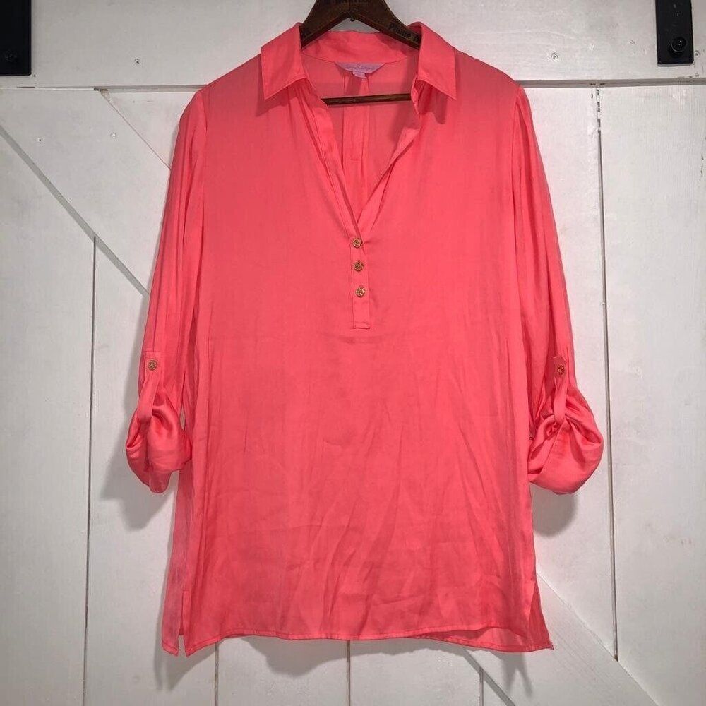 LILLY PULITZER XS Everglades Top Pucker Pink Split Neck 3/4 Sleeves Tunic Blouse